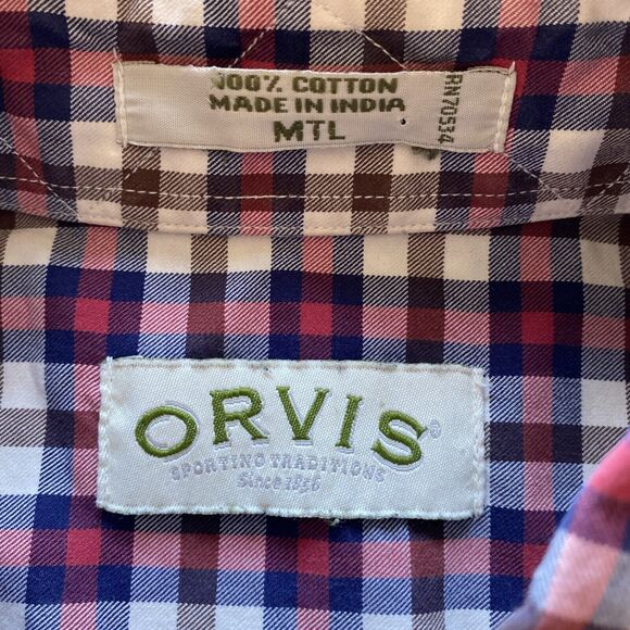 Orvis Shirt Medium Tall Red White Blue Check Button Up Long Sleeve Mens - Picture 1 of 5